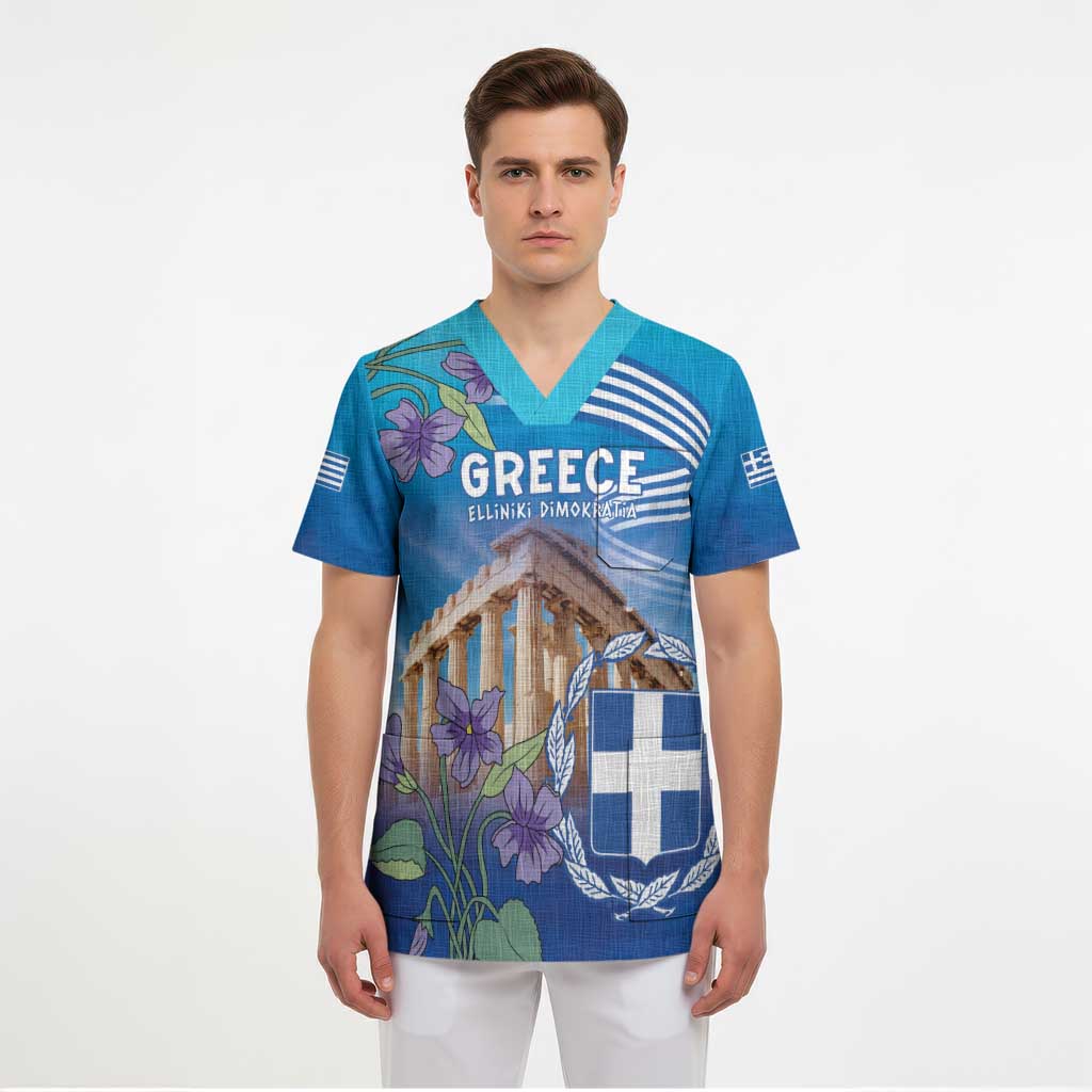 Greece Athens Scrub Top Viola Odorata with Emblem Design - Wonder Print Shop