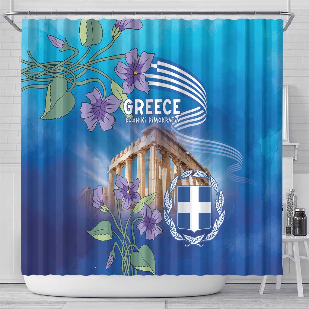 Greece Athens Shower Curtain Viola Odorata with Emblem Design - Wonder Print Shop