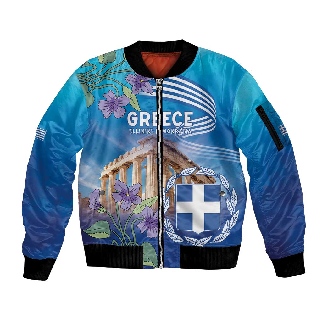 Greece Athens Sleeve Zip Bomber Jacket Viola Odorata with Emblem Design - Wonder Print Shop