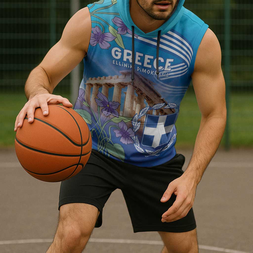 Greece Athens Sleeveless Hoodie Viola Odorata with Emblem Design - Wonder Print Shop
