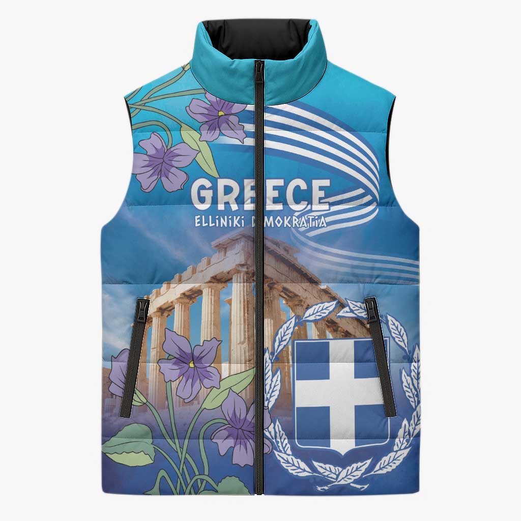 Greece Athens Sleeveless Puffer Jacket Viola Odorata with Emblem Design - Wonder Print Shop