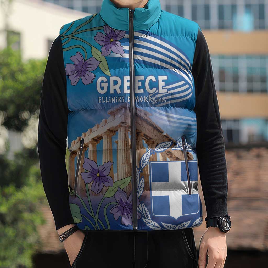 Greece Athens Sleeveless Puffer Jacket Viola Odorata with Emblem Design - Wonder Print Shop