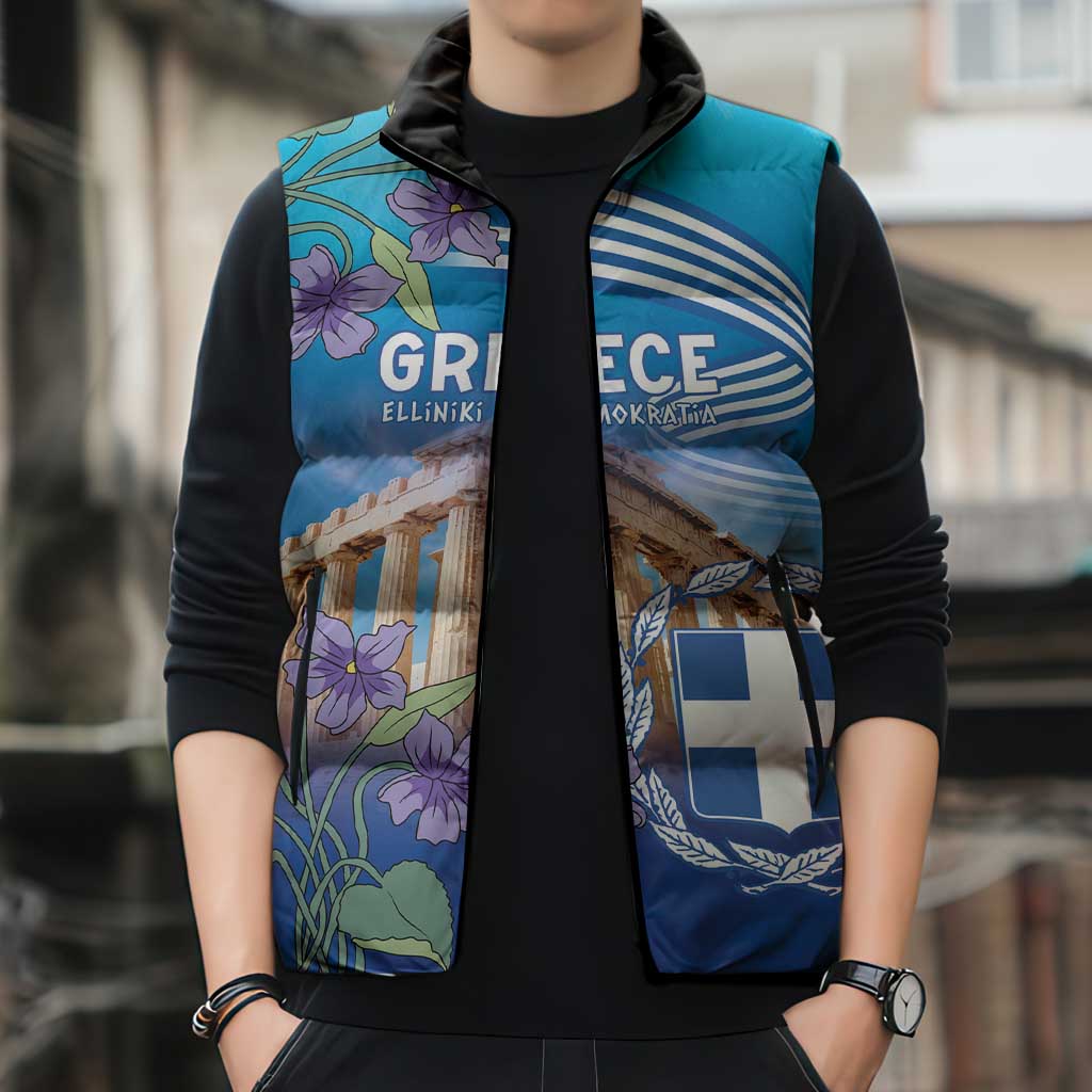 Greece Athens Sleeveless Puffer Jacket Viola Odorata with Emblem Design - Wonder Print Shop