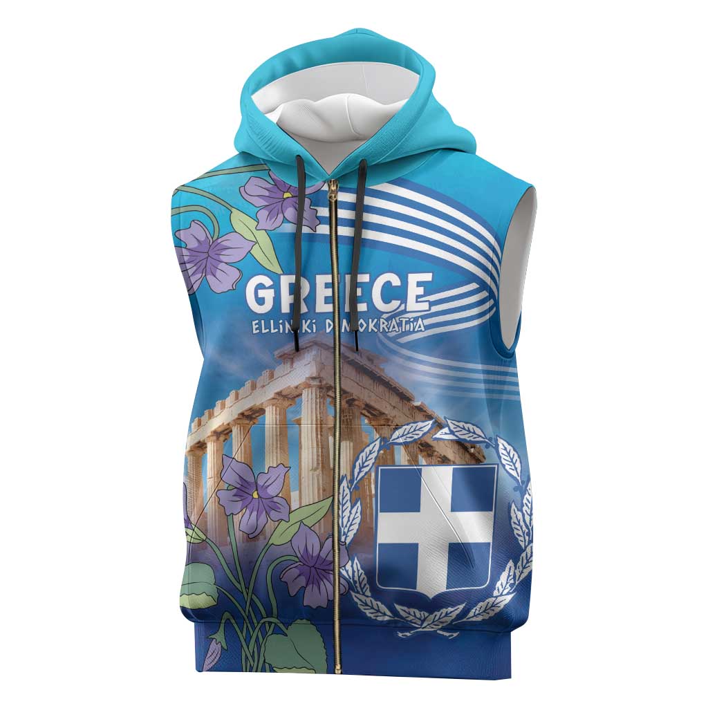 Greece Athens Sleeveless Zip Hoodie Viola Odorata with Emblem Design - Wonder Print Shop