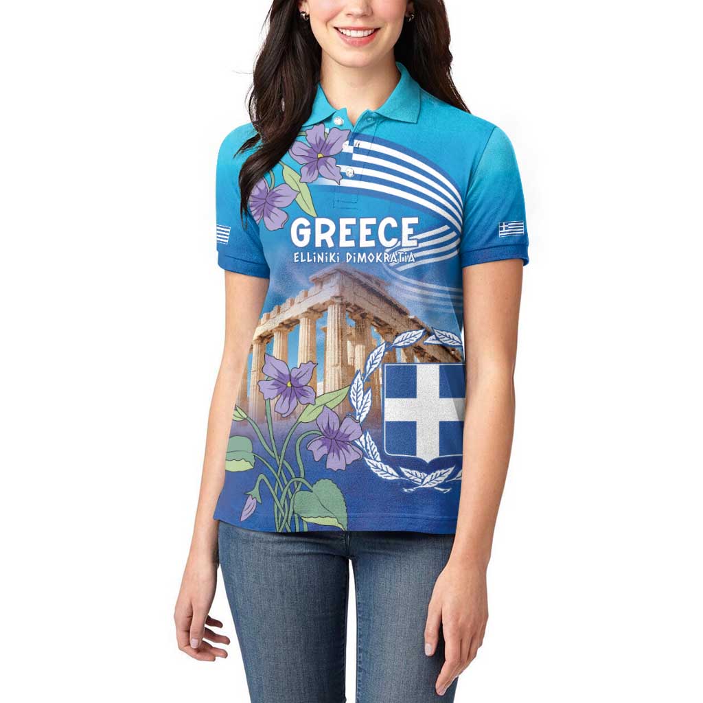 Greece Athens Women Polo Shirt Viola Odorata with Emblem Design - Wonder Print Shop