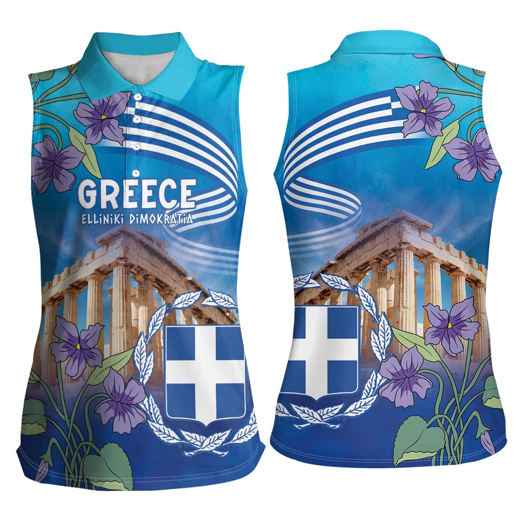 Greece Athens Women Sleeveless Polo Shirt Viola Odorata with Emblem Design - Wonder Print Shop