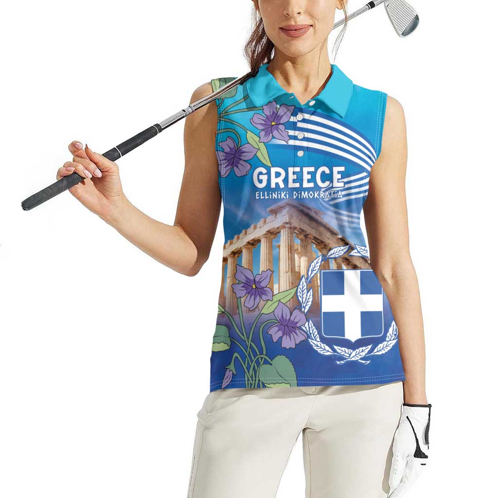 Greece Athens Women Sleeveless Polo Shirt Viola Odorata with Emblem Design - Wonder Print Shop