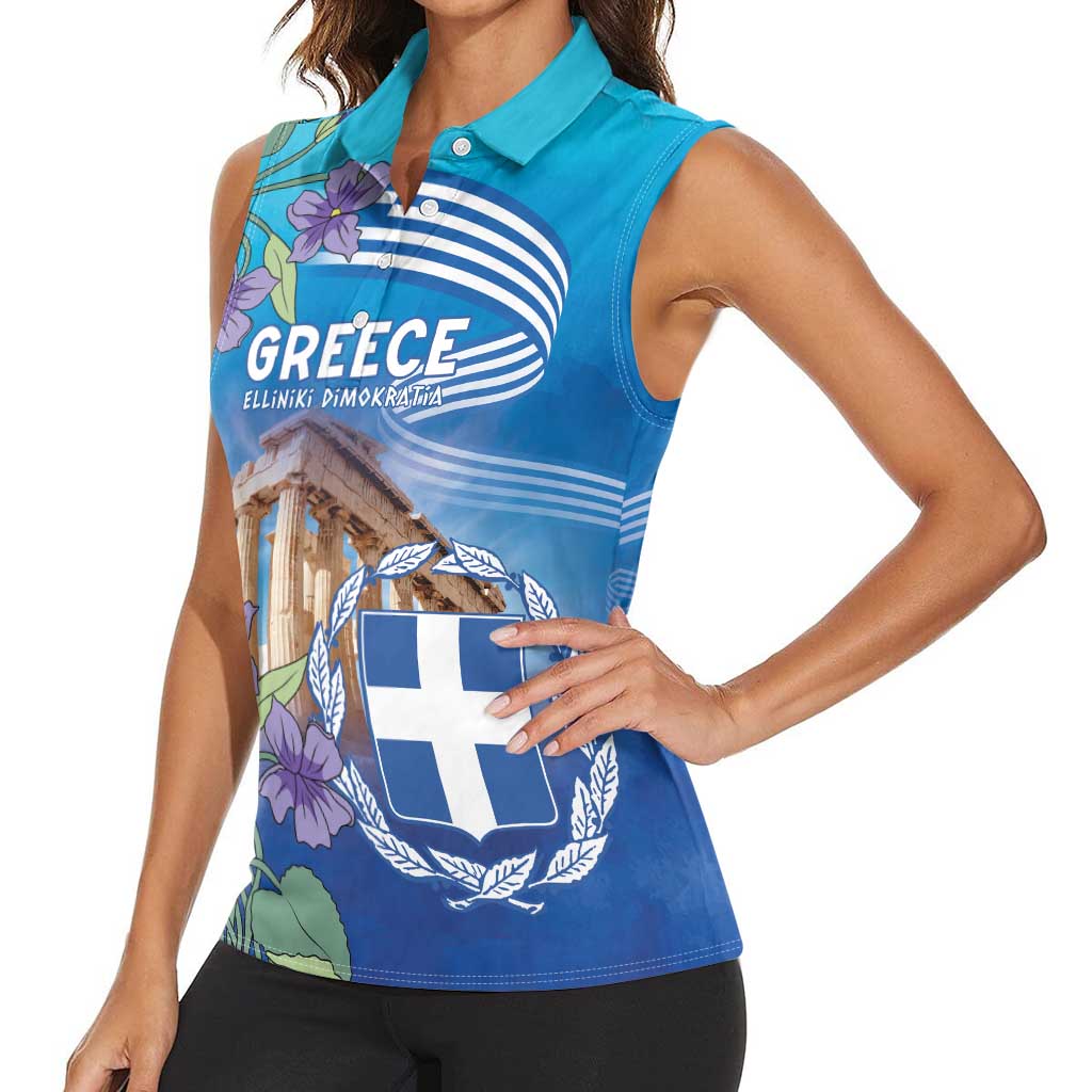 Greece Athens Women Sleeveless Polo Shirt Viola Odorata with Emblem Design - Wonder Print Shop