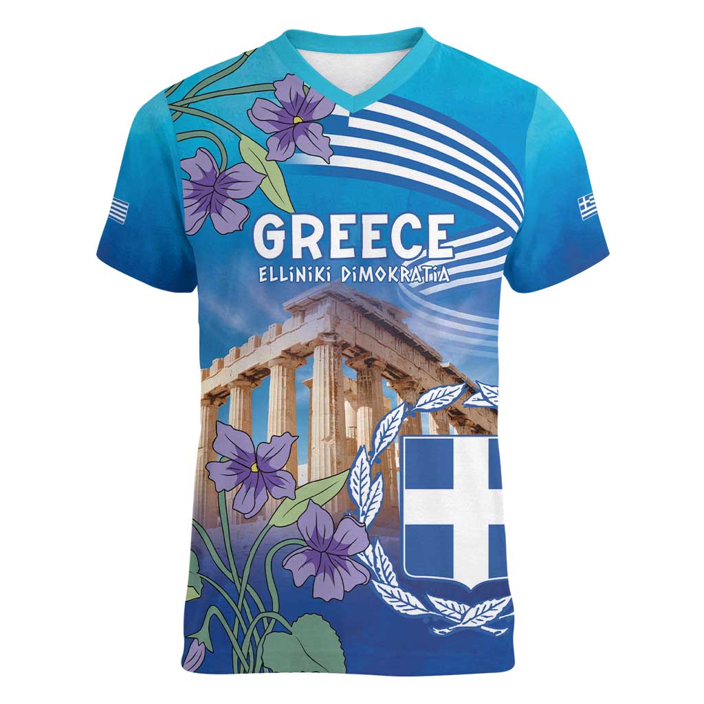 Greece Athens Women V-Neck T-Shirt Viola Odorata with Emblem Design - Wonder Print Shop