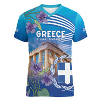 Greece Athens Women V-Neck T-Shirt Viola Odorata with Emblem Design - Wonder Print Shop