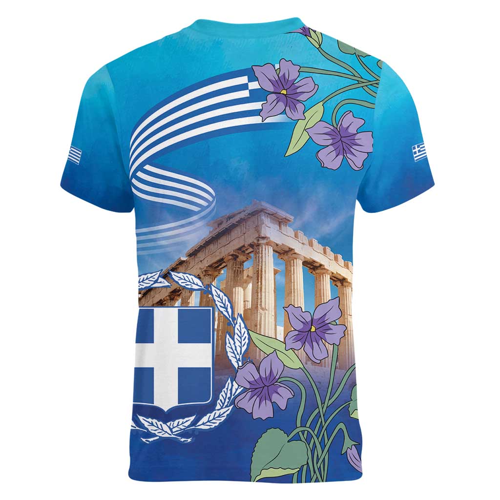 Greece Athens Women V-Neck T-Shirt Viola Odorata with Emblem Design - Wonder Print Shop