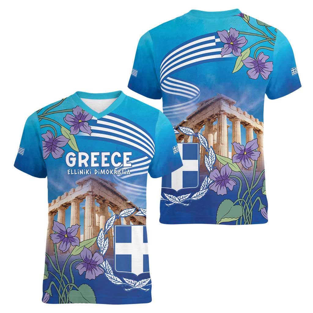 Greece Athens Women V-Neck T-Shirt Viola Odorata with Emblem Design - Wonder Print Shop