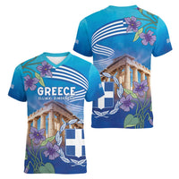 Greece Athens Women V-Neck T-Shirt Viola Odorata with Emblem Design - Wonder Print Shop