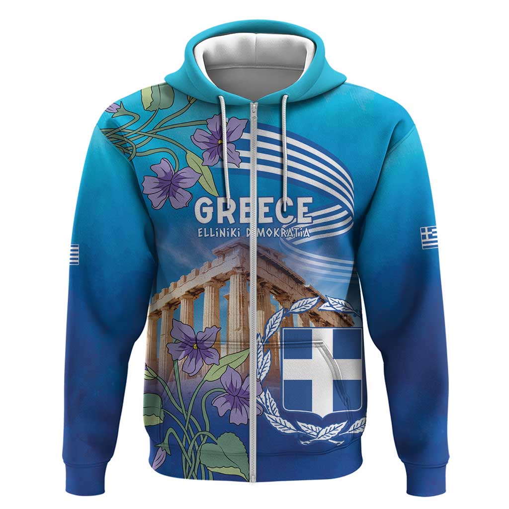 Greece Athens Zip Hoodie Viola Odorata with Emblem Design - Wonder Print Shop