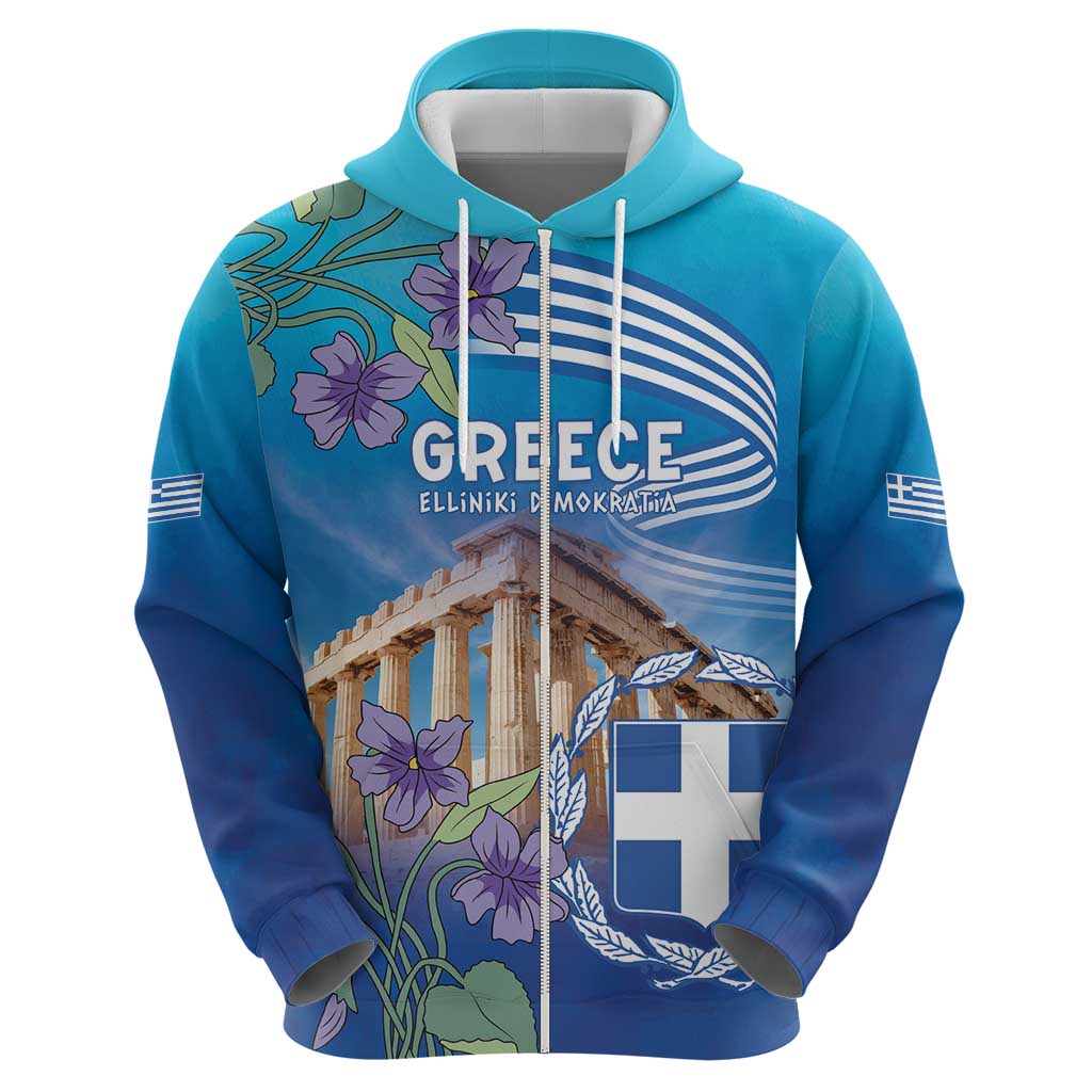 Greece Athens Zip Hoodie Viola Odorata with Emblem Design - Wonder Print Shop