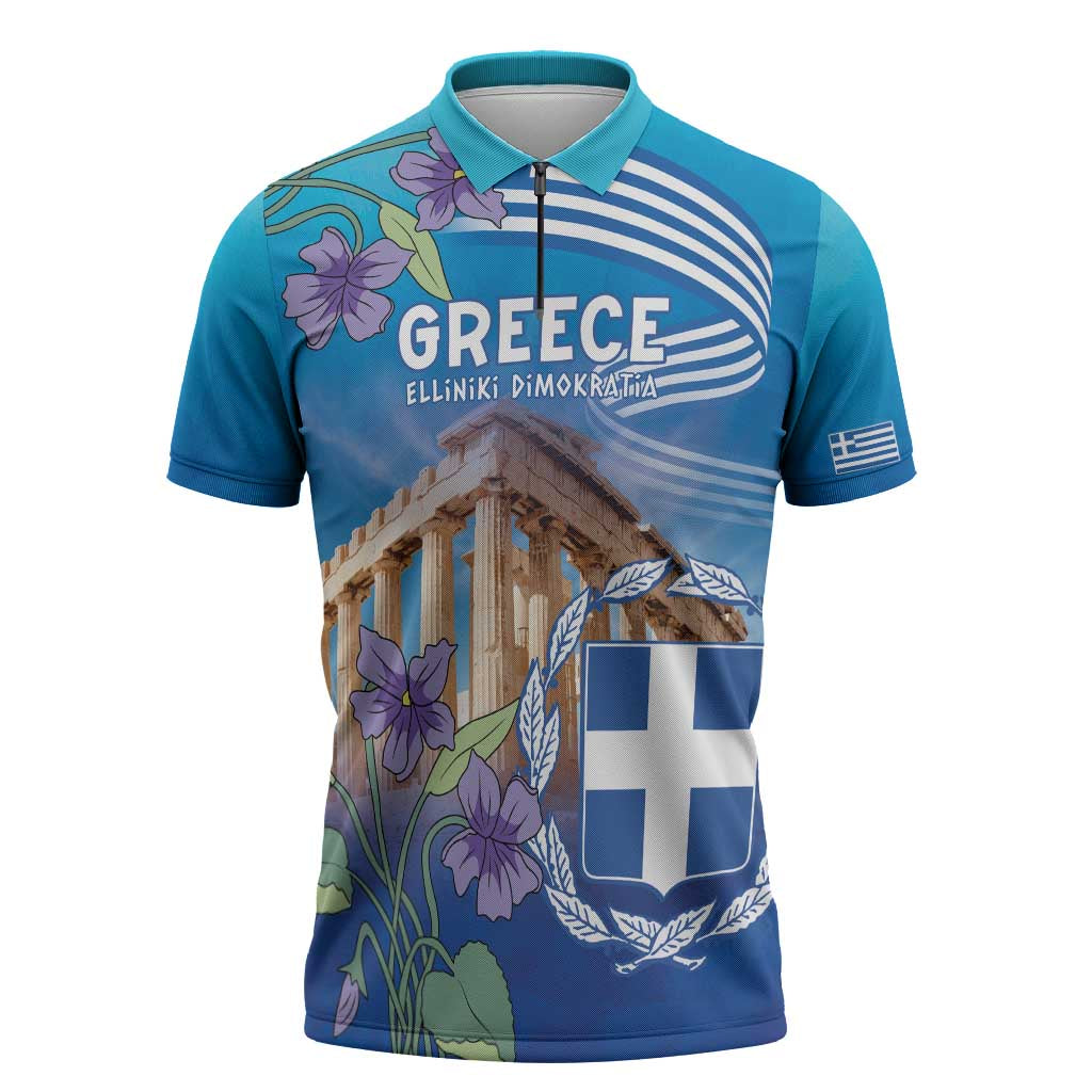 Greece Athens Zipper Polo Shirt Viola Odorata with Emblem Design - Wonder Print Shop