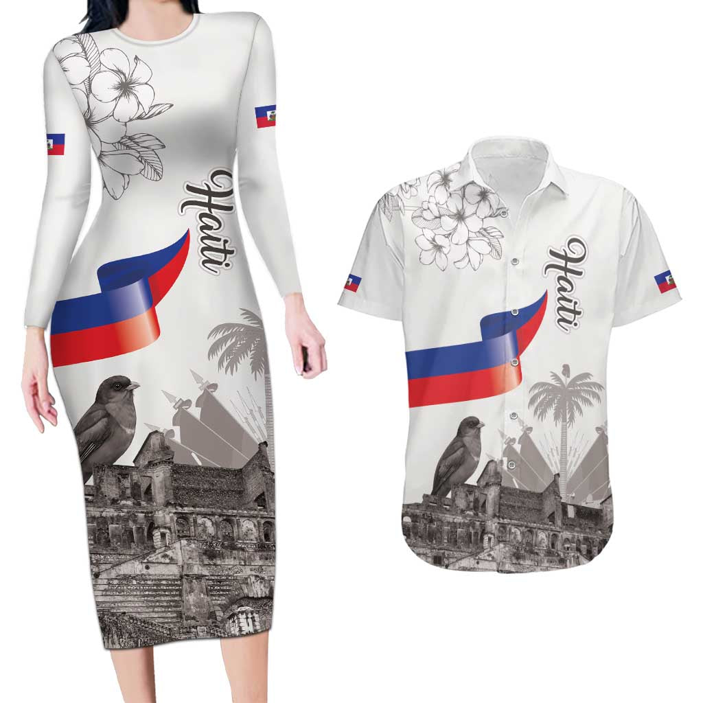 Haiti Citadelle Laferriere Couples Matching Long Sleeve Bodycon Dress and Hawaiian Shirt Hispaniolan Trogon and Plumeria - Wonder Print Shop