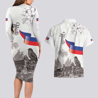 Haiti Citadelle Laferriere Couples Matching Long Sleeve Bodycon Dress and Hawaiian Shirt Hispaniolan Trogon and Plumeria - Wonder Print Shop