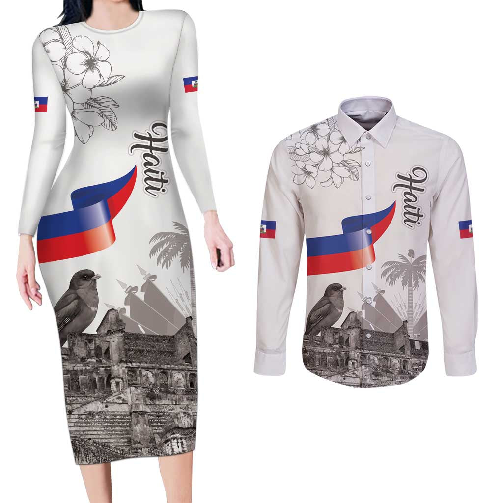Haiti Citadelle Laferriere Couples Matching Long Sleeve Bodycon Dress and Long Sleeve Button Shirt Hispaniolan Trogon and Plumeria - Wonder Print Shop