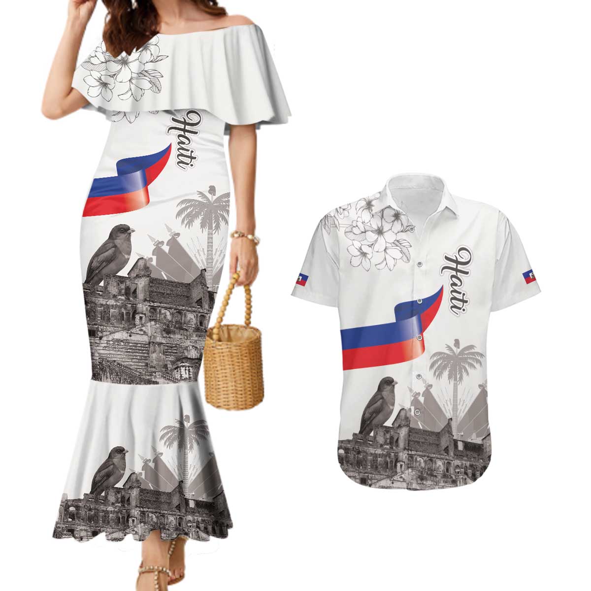 Haiti Citadelle Laferriere Couples Matching Mermaid Dress and Hawaiian Shirt Hispaniolan Trogon and Plumeria - Wonder Print Shop