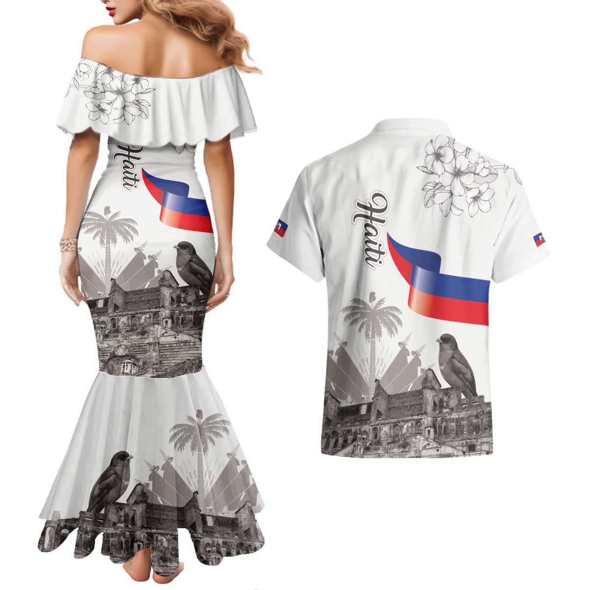 Haiti Citadelle Laferriere Couples Matching Mermaid Dress and Hawaiian Shirt Hispaniolan Trogon and Plumeria - Wonder Print Shop