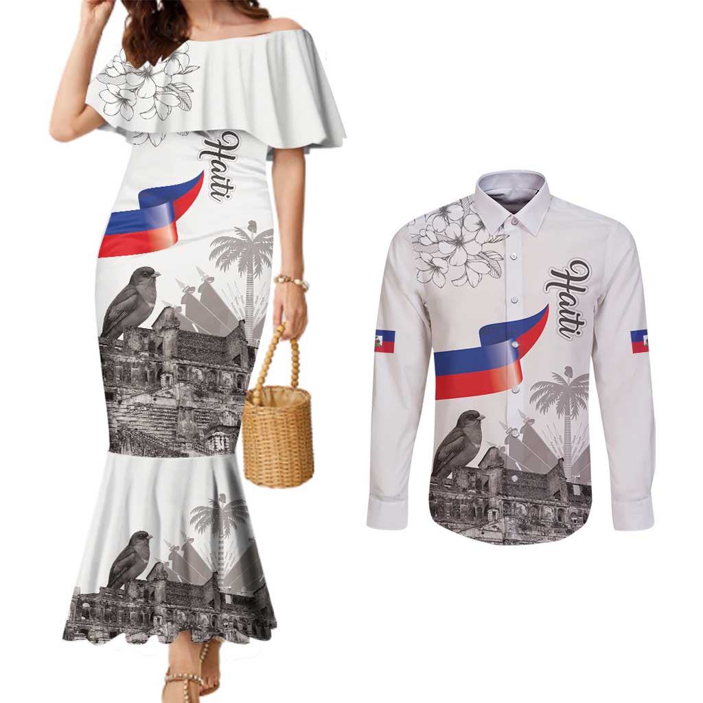 Haiti Citadelle Laferriere Couples Matching Mermaid Dress and Long Sleeve Button Shirt Hispaniolan Trogon and Plumeria - Wonder Print Shop