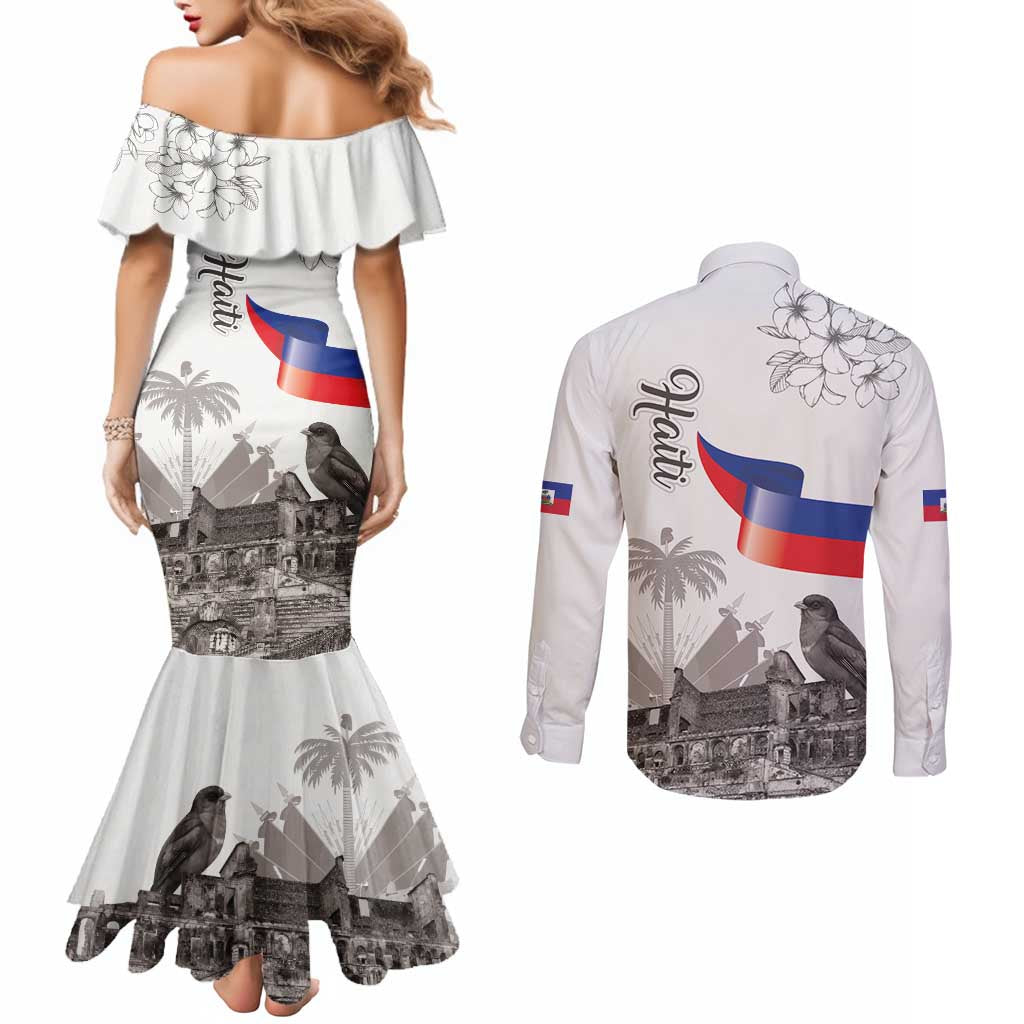 Haiti Citadelle Laferriere Couples Matching Mermaid Dress and Long Sleeve Button Shirt Hispaniolan Trogon and Plumeria - Wonder Print Shop