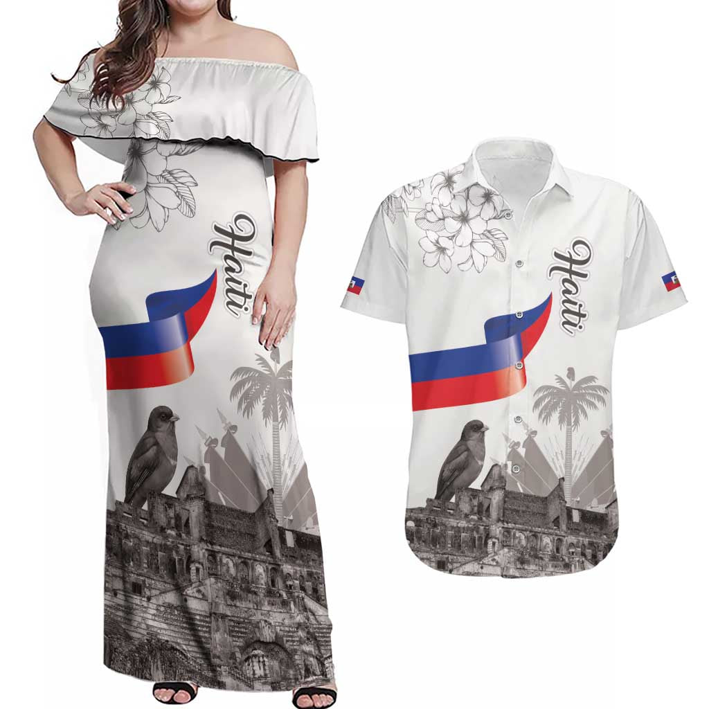 Haiti Citadelle Laferriere Couples Matching Off Shoulder Maxi Dress and Hawaiian Shirt Hispaniolan Trogon and Plumeria - Wonder Print Shop
