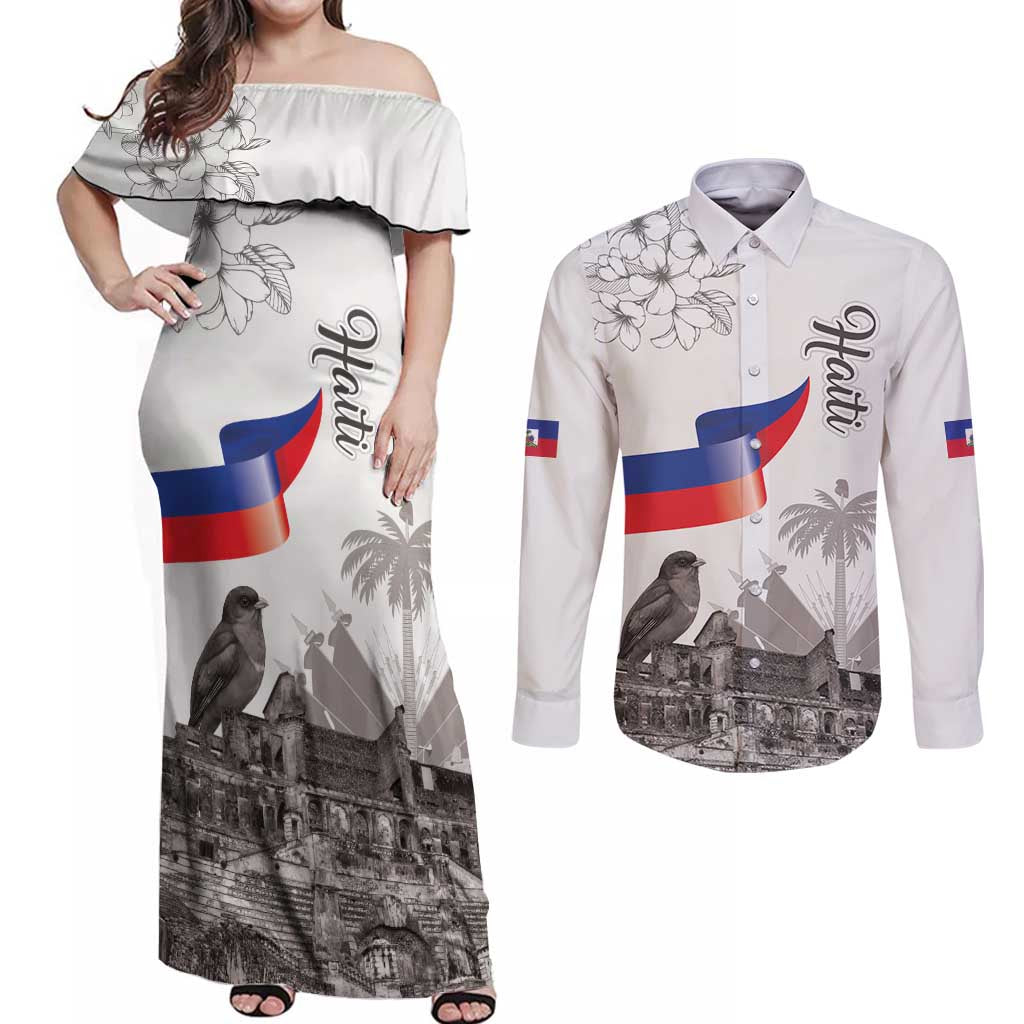 Haiti Citadelle Laferriere Couples Matching Off Shoulder Maxi Dress and Long Sleeve Button Shirt Hispaniolan Trogon and Plumeria - Wonder Print Shop