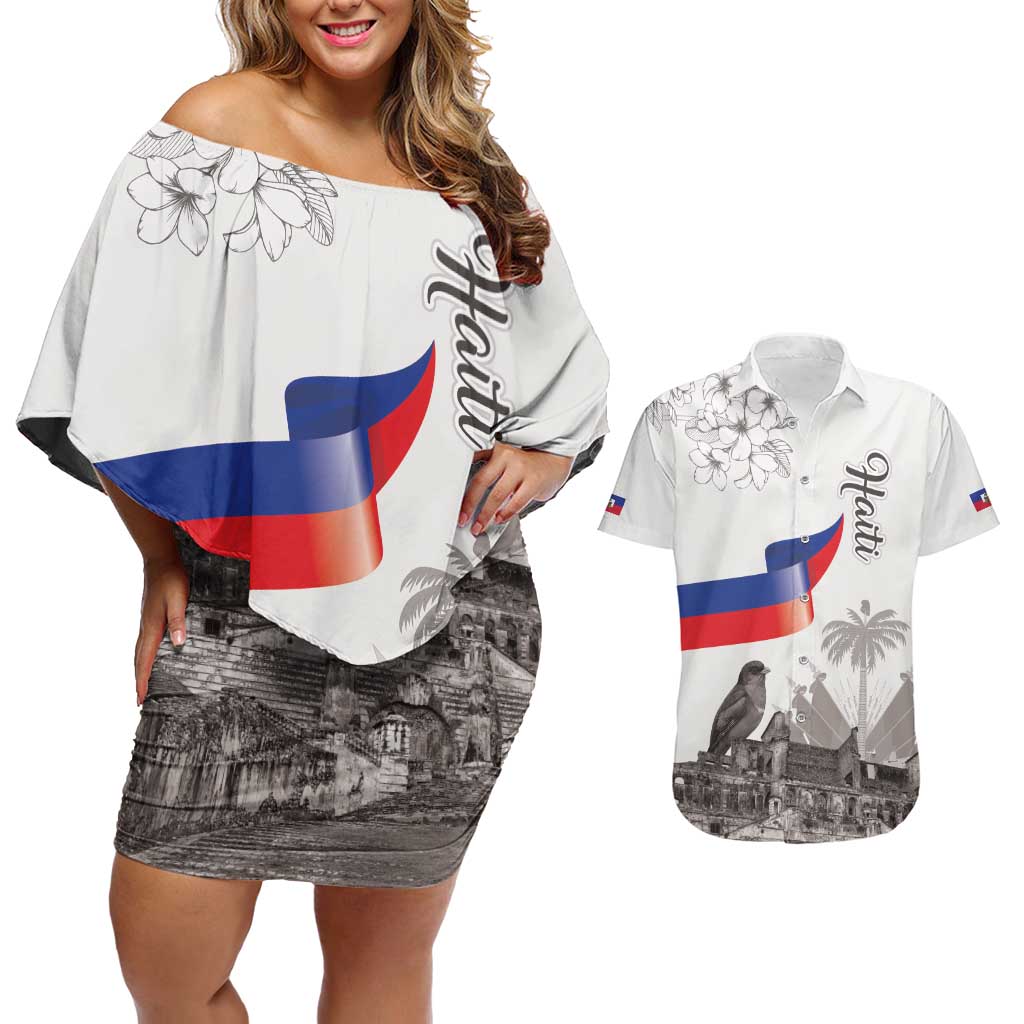 Haiti Citadelle Laferriere Couples Matching Off Shoulder Short Dress and Hawaiian Shirt Hispaniolan Trogon and Plumeria - Wonder Print Shop