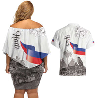 Haiti Citadelle Laferriere Couples Matching Off Shoulder Short Dress and Hawaiian Shirt Hispaniolan Trogon and Plumeria - Wonder Print Shop
