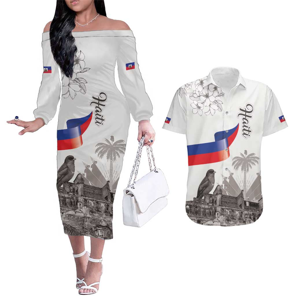 Haiti Citadelle Laferriere Couples Matching Off The Shoulder Long Sleeve Dress and Hawaiian Shirt Hispaniolan Trogon and Plumeria - Wonder Print Shop
