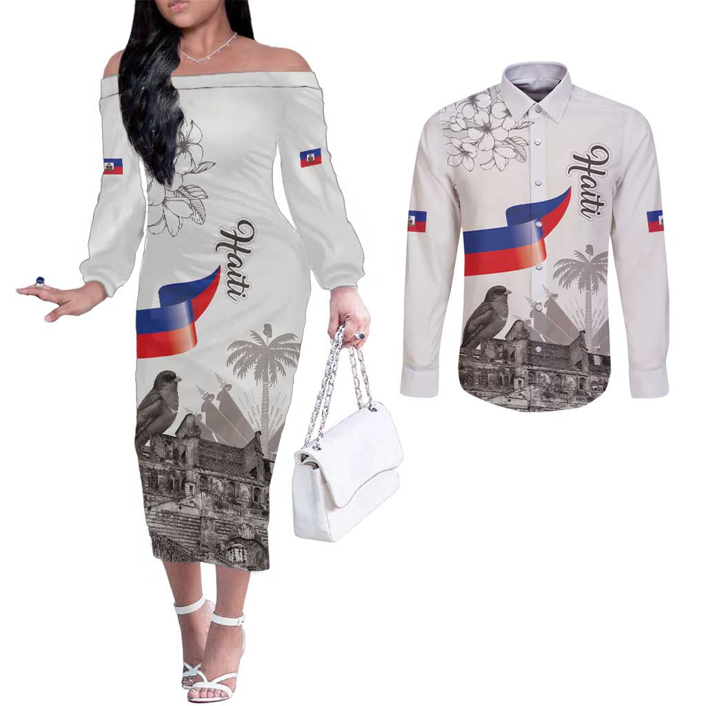 Haiti Citadelle Laferriere Couples Matching Off The Shoulder Long Sleeve Dress and Long Sleeve Button Shirt Hispaniolan Trogon and Plumeria - Wonder Print Shop