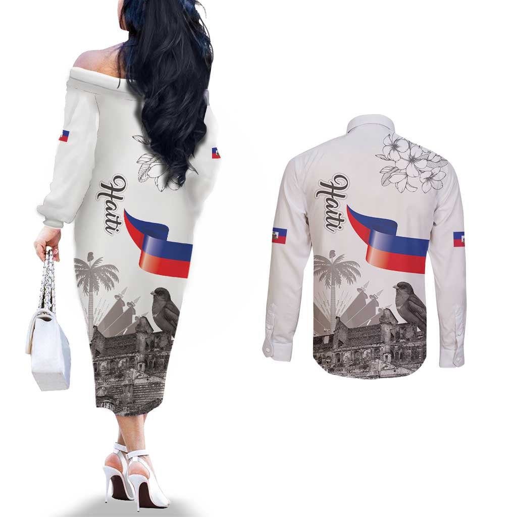 Haiti Citadelle Laferriere Couples Matching Off The Shoulder Long Sleeve Dress and Long Sleeve Button Shirt Hispaniolan Trogon and Plumeria - Wonder Print Shop