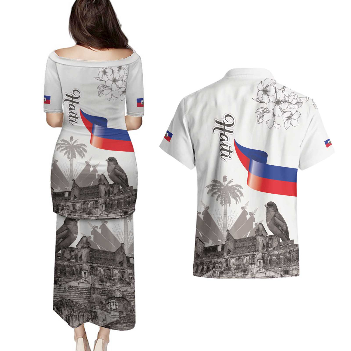 Haiti Citadelle Laferriere Couples Matching Puletasi and Hawaiian Shirt Hispaniolan Trogon and Plumeria - Wonder Print Shop