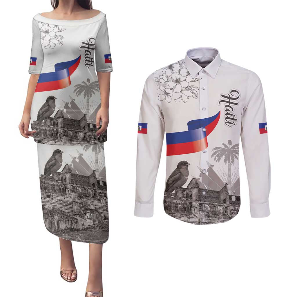 Haiti Citadelle Laferriere Couples Matching Puletasi and Long Sleeve Button Shirt Hispaniolan Trogon and Plumeria - Wonder Print Shop