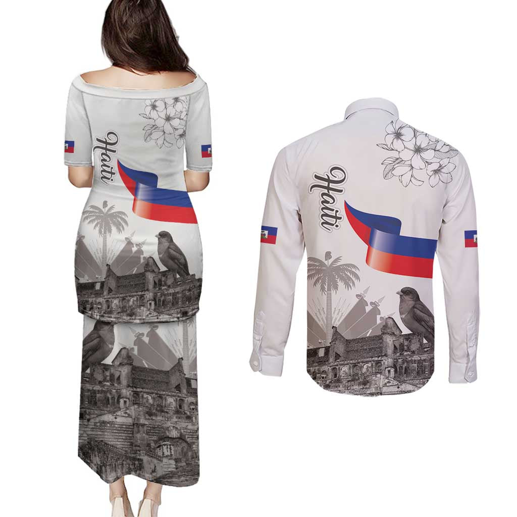Haiti Citadelle Laferriere Couples Matching Puletasi and Long Sleeve Button Shirt Hispaniolan Trogon and Plumeria - Wonder Print Shop