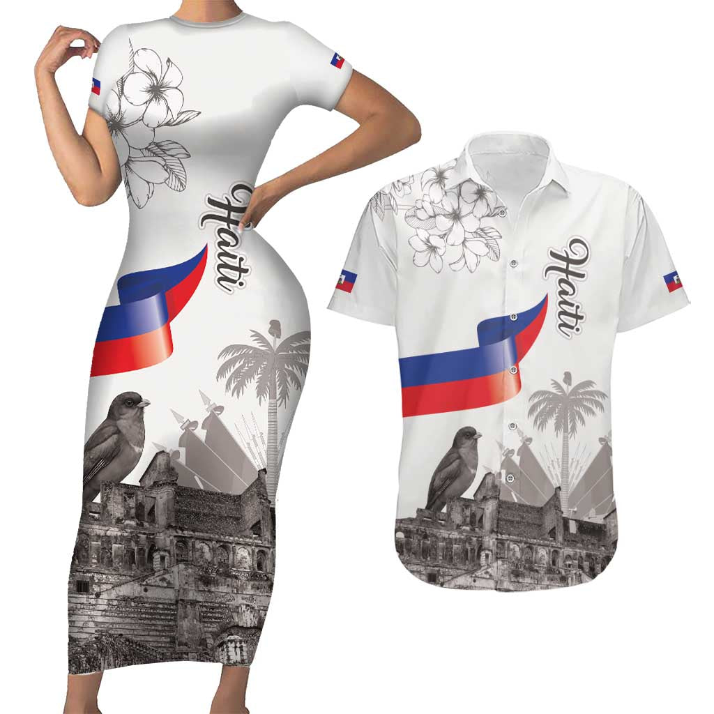 Haiti Citadelle Laferriere Couples Matching Short Sleeve Bodycon Dress and Hawaiian Shirt Hispaniolan Trogon and Plumeria - Wonder Print Shop
