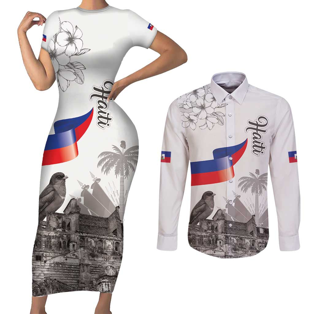Haiti Citadelle Laferriere Couples Matching Short Sleeve Bodycon Dress and Long Sleeve Button Shirt Hispaniolan Trogon and Plumeria - Wonder Print Shop