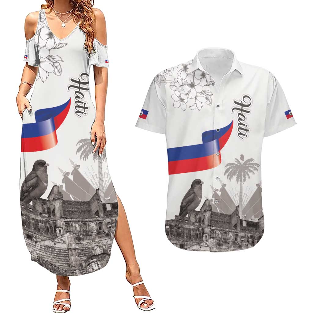 Haiti Citadelle Laferriere Couples Matching Summer Maxi Dress and Hawaiian Shirt Hispaniolan Trogon and Plumeria - Wonder Print Shop