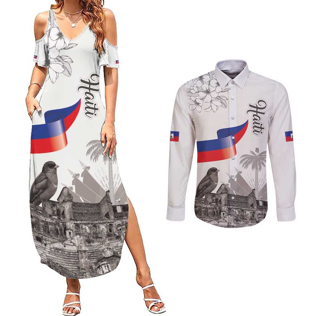 Haiti Citadelle Laferriere Couples Matching Summer Maxi Dress and Long Sleeve Button Shirt Hispaniolan Trogon and Plumeria - Wonder Print Shop