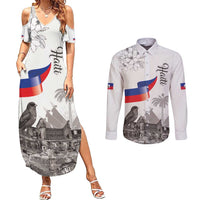 Haiti Citadelle Laferriere Couples Matching Summer Maxi Dress and Long Sleeve Button Shirt Hispaniolan Trogon and Plumeria - Wonder Print Shop