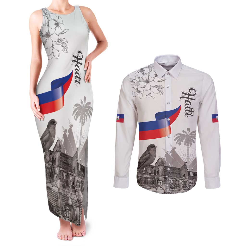 Haiti Citadelle Laferriere Couples Matching Tank Maxi Dress and Long Sleeve Button Shirt Hispaniolan Trogon and Plumeria - Wonder Print Shop
