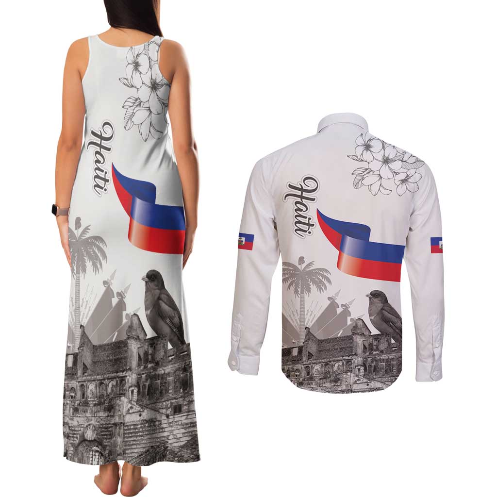 Haiti Citadelle Laferriere Couples Matching Tank Maxi Dress and Long Sleeve Button Shirt Hispaniolan Trogon and Plumeria - Wonder Print Shop