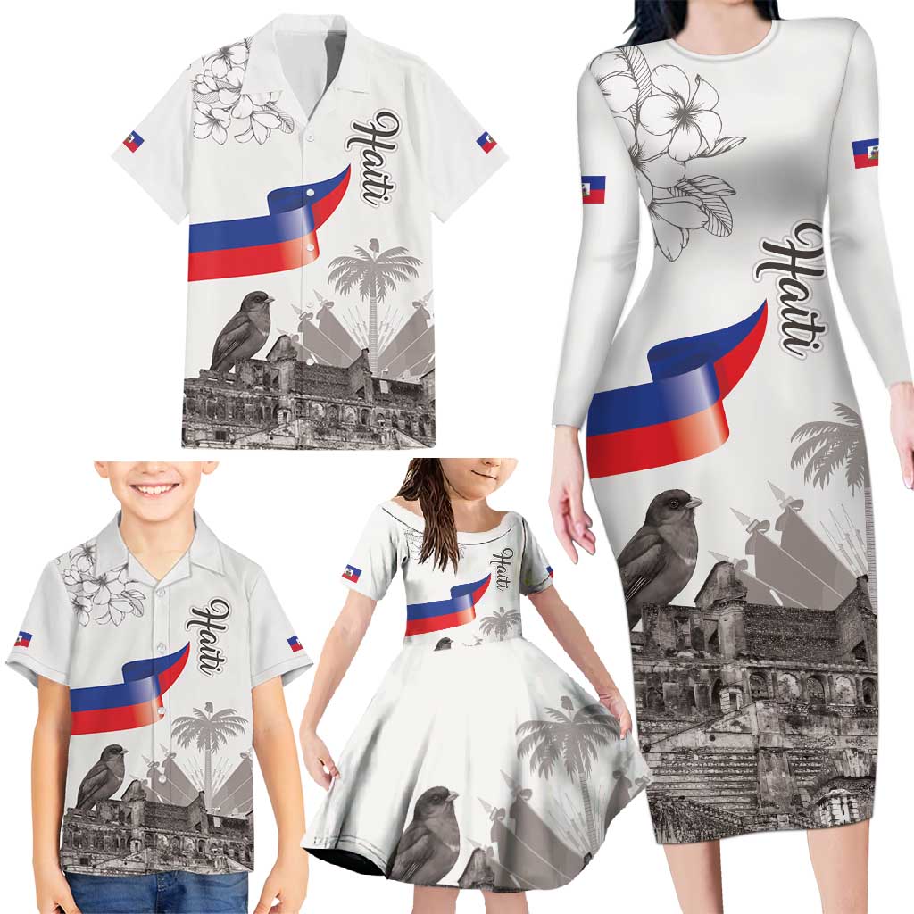 Haiti Citadelle Laferriere Family Matching Long Sleeve Bodycon Dress and Hawaiian Shirt Hispaniolan Trogon and Plumeria - Wonder Print Shop