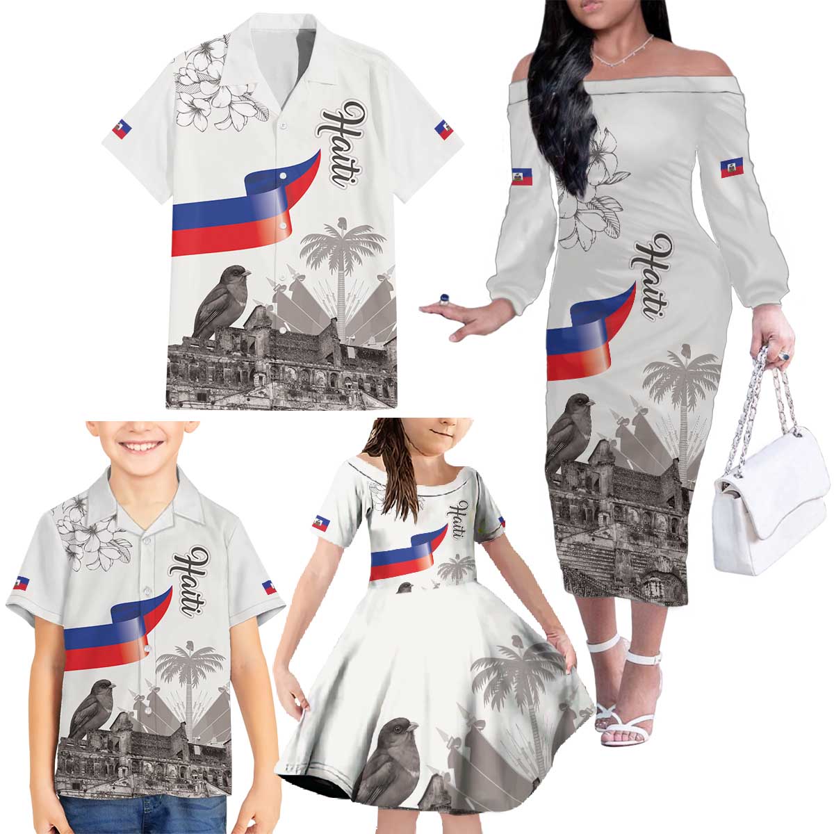 Haiti Citadelle Laferriere Family Matching Off The Shoulder Long Sleeve Dress and Hawaiian Shirt Hispaniolan Trogon and Plumeria - Wonder Print Shop