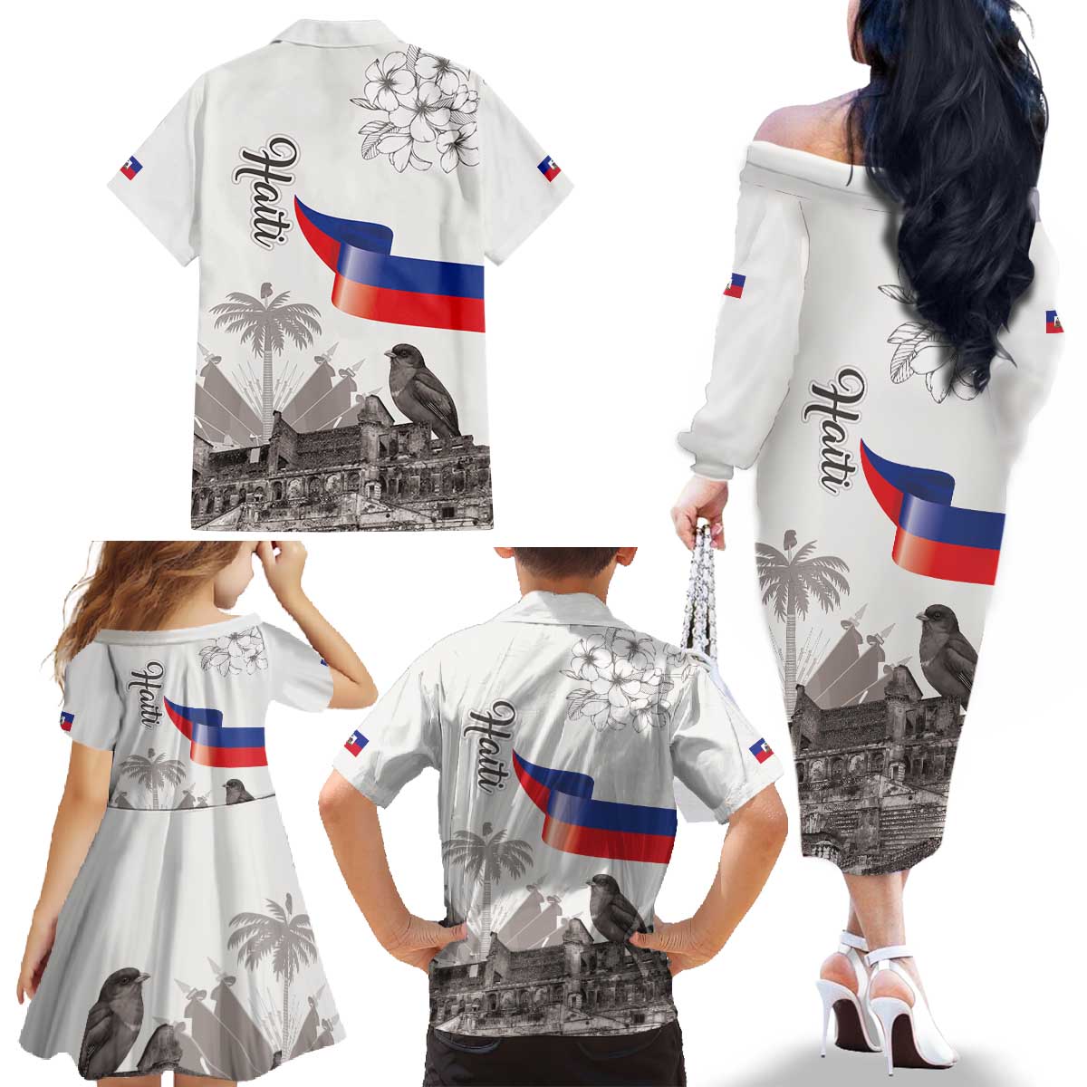 Haiti Citadelle Laferriere Family Matching Off The Shoulder Long Sleeve Dress and Hawaiian Shirt Hispaniolan Trogon and Plumeria - Wonder Print Shop
