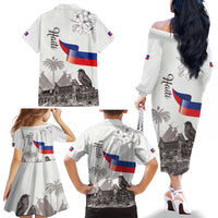 Haiti Citadelle Laferriere Family Matching Off The Shoulder Long Sleeve Dress and Hawaiian Shirt Hispaniolan Trogon and Plumeria - Wonder Print Shop