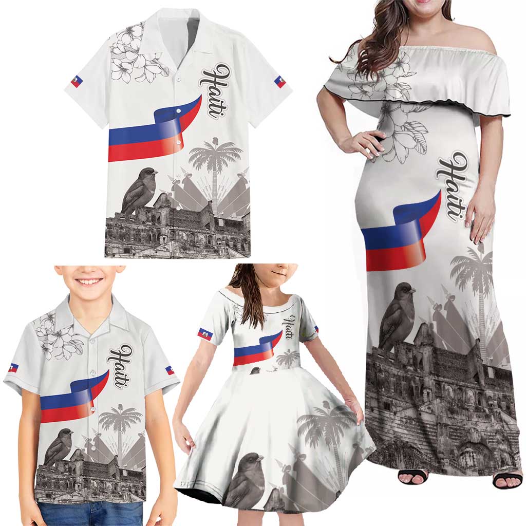 Haiti Citadelle Laferriere Family Matching Off Shoulder Maxi Dress and Hawaiian Shirt Hispaniolan Trogon and Plumeria - Wonder Print Shop