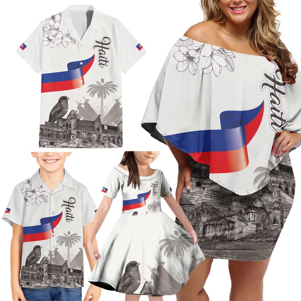 Haiti Citadelle Laferriere Family Matching Off Shoulder Short Dress and Hawaiian Shirt Hispaniolan Trogon and Plumeria - Wonder Print Shop